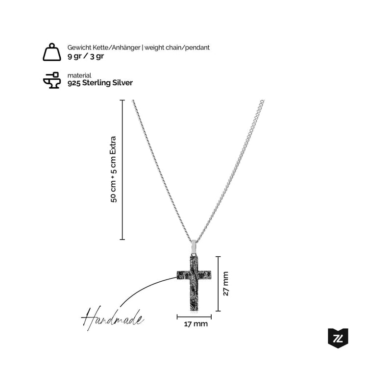 Handgefertigte 925 Sterling Silber Halskette mit Kreuz Anhänger Gewicht 9 Gramm Kette und 3 Gramm Anhänger edel verarbeitet im modernen Raw Design Sprezzi Fashion