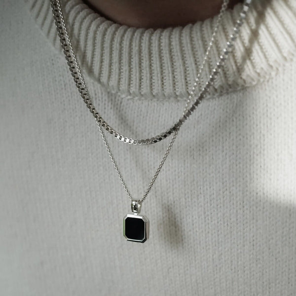 925 Sterling Silver Necklace [Onyx II] Halsketten Sprezzi Black 925 Silber Silberkette Anhänger 