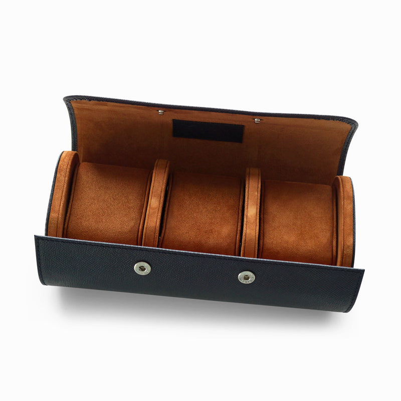 Blaue Leder Uhrenbox für drei Uhren mit weicher brauner Innenfläche schützt Armbanduhren vor Kratzern Sprezzi Fashion