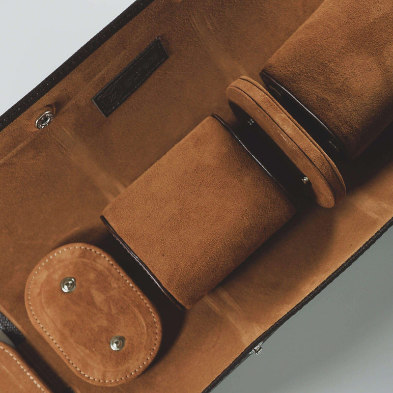 Braune Leder Uhrenrolle für drei Uhren inklusive praktischer Reisetasche perfekt für Reisen und Schutz unterwegs Sprezzi Fashion