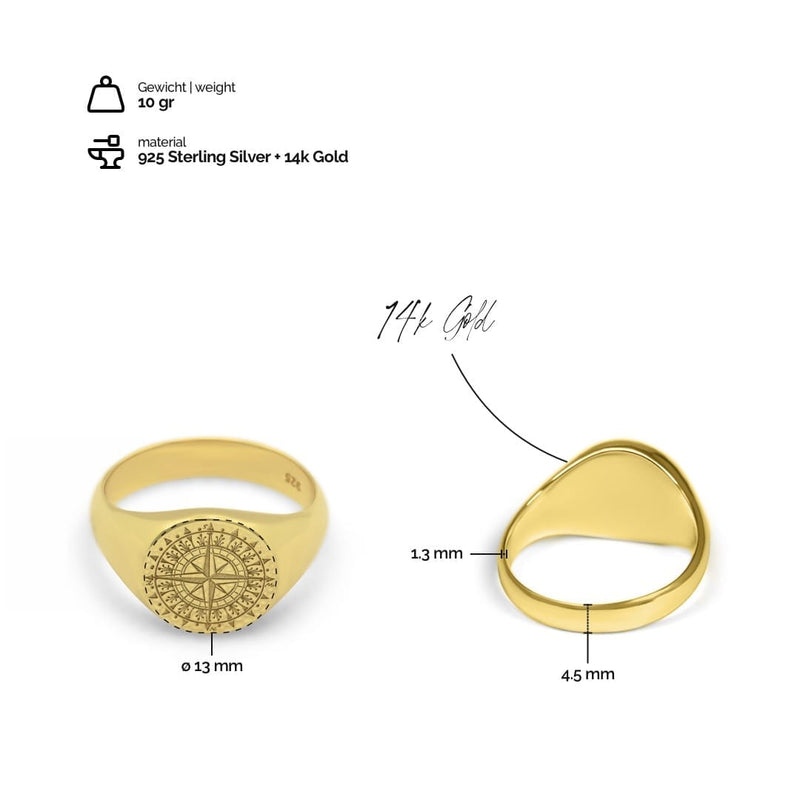 Eleganter Herren Kompassring aus 925 Sterling Silber mit 14k Gold Gewicht 10 Gramm handgefertigt Sprezzi Fashion