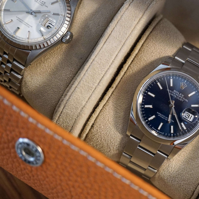 Handgefertigte orange Uhrenrolle aus echtem Leder mit Edelstahl Druckknöpfen und herausnehmbaren Kissen für sicheren Halt Sprezzi Fashion