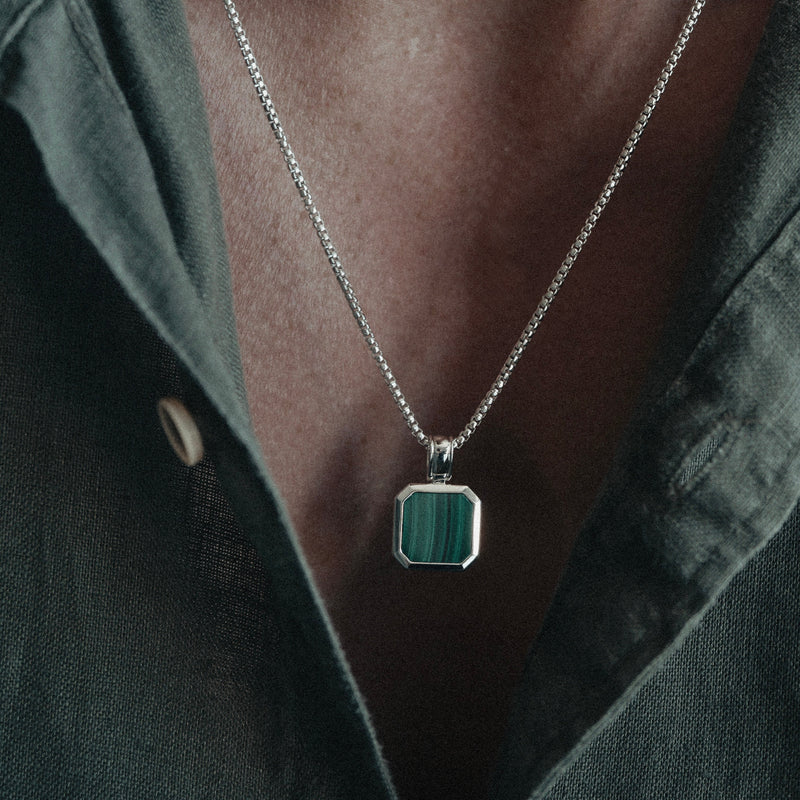 Stilvolle Herren Halskette mit Malachit Stein gefertigt aus robustem 925 Sterling Silber ideal für den Alltag Sprezzi Fashion