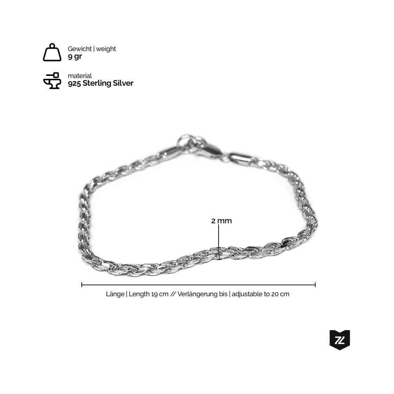Elegantes Rope Armband für Herren aus echtem 925 Sterling Silber mit 9 Gramm Gewicht und verstellbarer Länge von 19 bis 20 cm handgefertigt mit modernem Glanz Sprezzi Fashion
