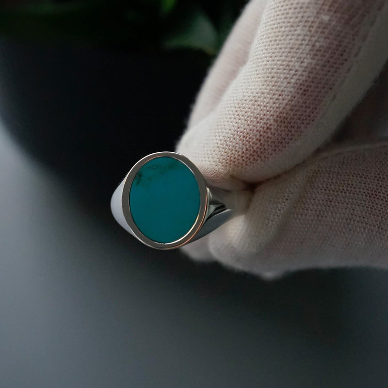 Exklusiver Herrenring mit ovalem Tuerkis Stein, massives Sterling Silber in Handarbeit Sprezzi Fashion