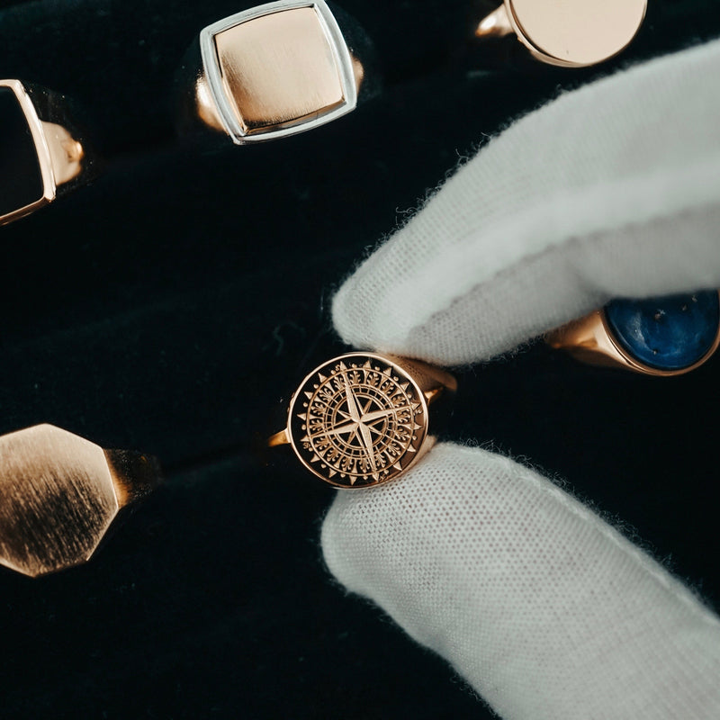 Luxurioeser Herren Kompassring 18k Gold vergoldet handgefertigt modernes maritimes Design Sprezzi Fashion