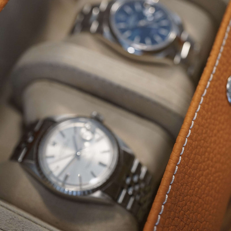 Orange Leder Uhrenetui mit weichem Wildleder Innenfutter für drei Uhren schützt zuverlässig auf Reisen und zu Hause Sprezzi Fashion