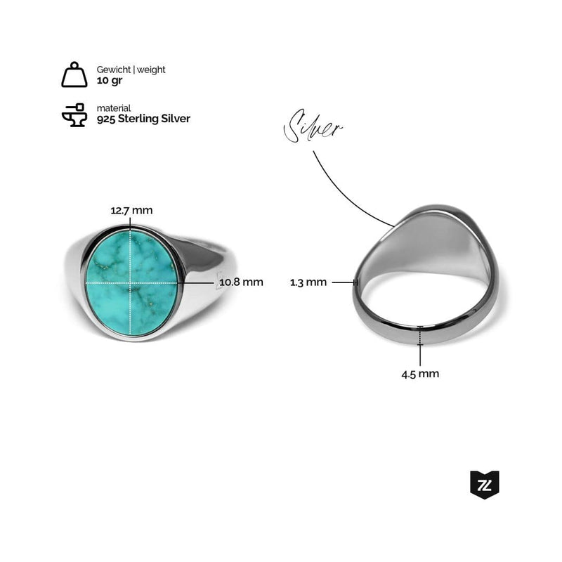 Ovaler Herren Siegelring aus 925 Sterling Silber mit echtem Türkis Naturstein Gewicht 10 Gramm eleganter handgefertigter Silberring für Männer Sprezzi Fashion