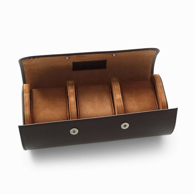 Premium Leder Uhrenrolle in Braun für drei Uhren im edlen Saffiano Design stilvoll und funktional Sprezzi Fashion