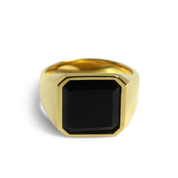 Siegelring aus 925 Sterling Silber mit 18k Vergoldung und schwarzem Onyx Stein octagonal handgefertigt stilvoll fuer Herren Sprezzi Fashion