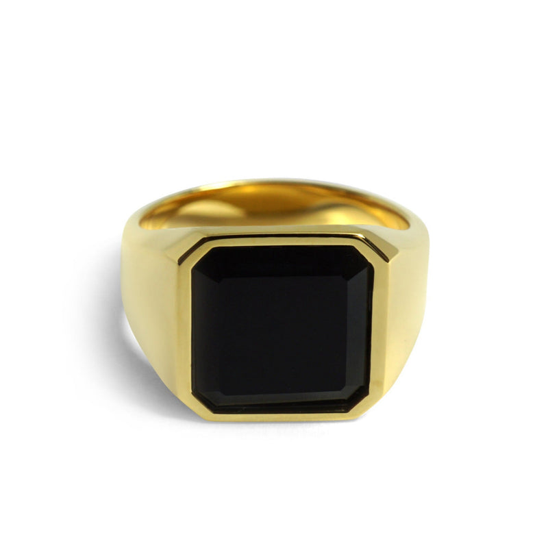 Siegelring aus 925 Sterling Silber mit 18k Vergoldung und schwarzem Onyx Stein octagonal handgefertigt stilvoll fuer Herren Sprezzi Fashion