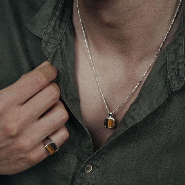 Tiger Eye Schmuck Set mit Halskette und Ring aus 925 Sterling Silber handgefertigt und hochwertig Sprezzi Fashion