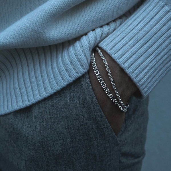 Herren Armband Set aus Zopf und Curb Silber handgefertigt robust minimalistisch elegant für Alltag und besondere Anlässe Sprezzi Fashion