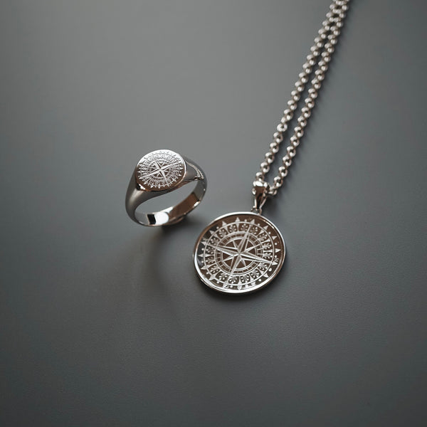 Silber Schmuck-Set aus Kompass Halskette und Siegelring mit Gravur 